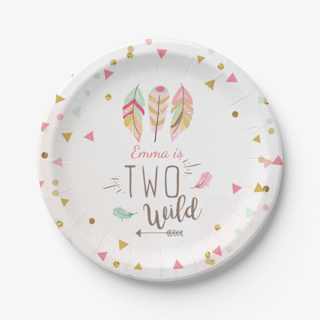 Zwei Wild-Birthday Mint Pink Gold 2. Girl Tribal Pappteller (Vorderseite)