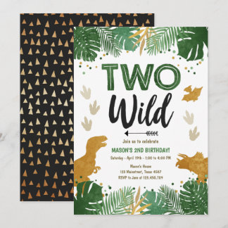 Zwei Wild Dino Party Boy Gold Dinosaur 2. Geburtst Einladung