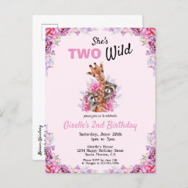 Zwei Wild Pink Safari Giraffe Floral Geburtstagspa Einladungspostkarte