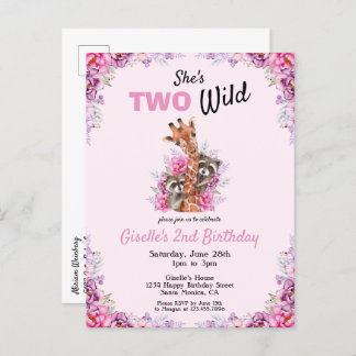 Zwei Wild Pink Safari Giraffe Floral Geburtstagspa Einladungspostkarte