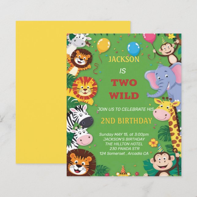 Zwei Wild Safari 2. Geburtstag Einladung (Vorne/Hinten)
