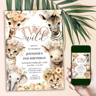 ZWEI Wild Safari Animals Girl 2. Geburtstag Einladung