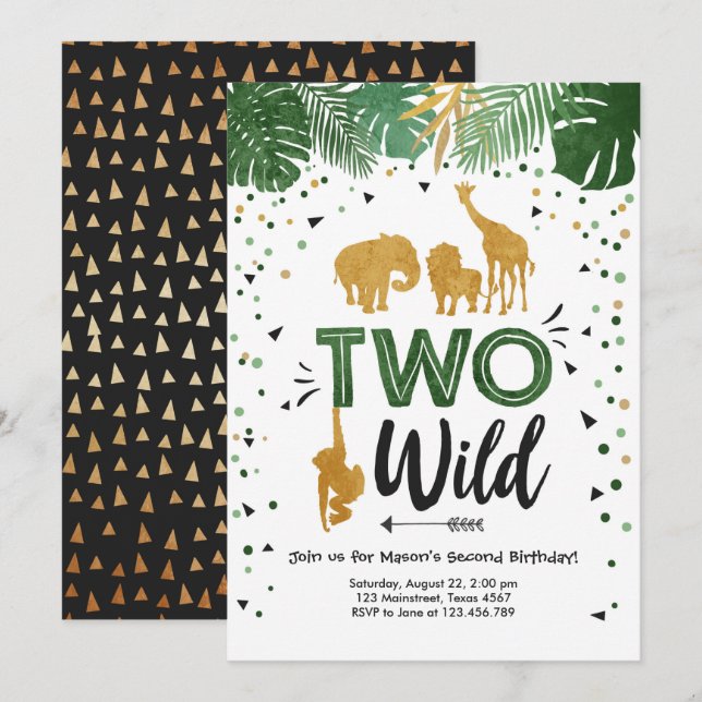Zwei Wild Safari Gold Boy Animals Geburtstagsparty Einladung (Vorne/Hinten)