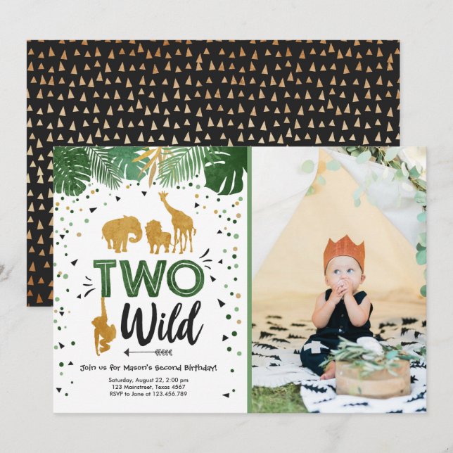 Zwei Wild Safari Gold Boy Animals Geburtstagsparty Einladung (Vorne/Hinten)
