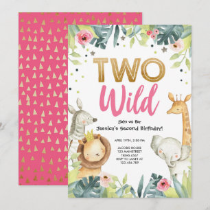 Zwei Wild Safari Gold Girl Animals Geburtstagspart Einladung