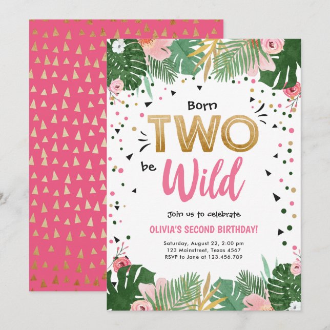 Zwei Wild Tropical Safari Gold Girl Einladung (Vorne/Hinten)
