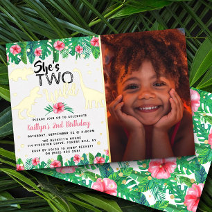 Zwei wilde Dinosaurier Girls 2. Geburtstag Foto Re Folieneinladung
