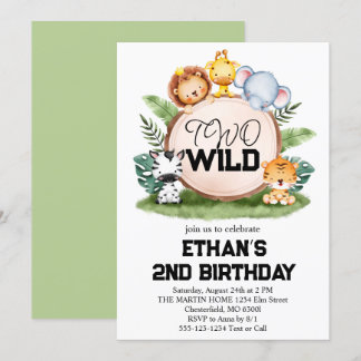 Zwei wilde Jungle Safari Tiere 2. Geburtstag Party Einladung