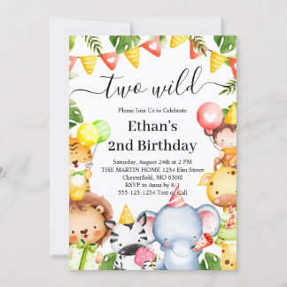 Zwei wilde Jungle Safari Tiere 2. Geburtstag Party Einladung