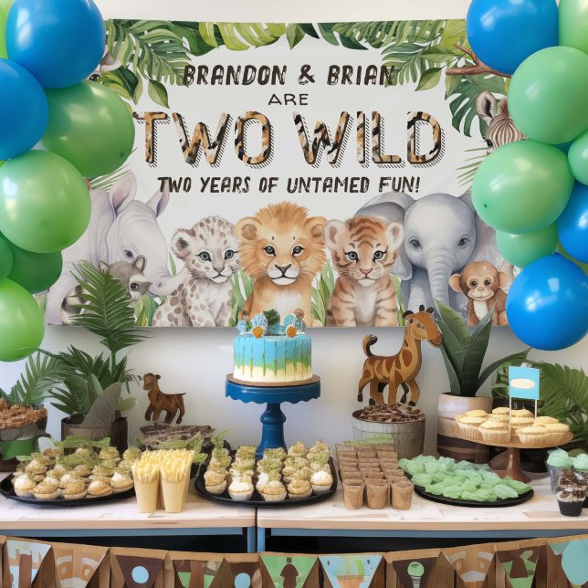 Zwei wilde Jungle Tier 2. Geburtstag Hintergrund Banner (Twins Two Wild BIrthday Welcome Sign)