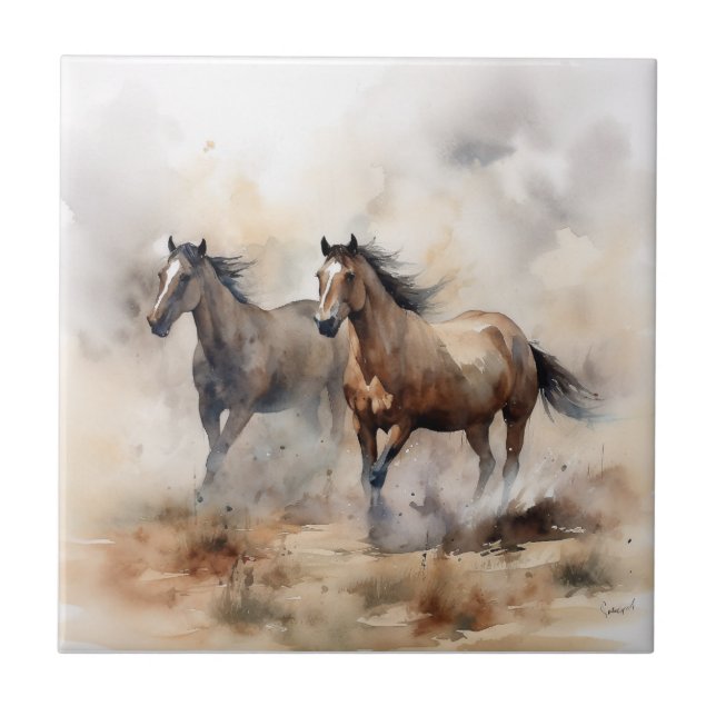 „Zwei wilde Mustangs“ staubige westliche Aquarellm Fliese (Vorderseite)