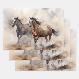 „Zwei wilde Mustangs“ staubige westliche Aquarellm Geschenkpapier Set
