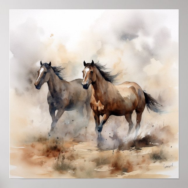 „Zwei wilde Mustangs“ staubige westliche Aquarellm Poster (Vorne)
