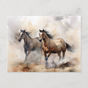 „Zwei wilde Mustangs“ staubige westliche Aquarellm Postkarte