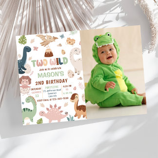 Zwei wilde Niedliche Dinosaurier 2. Geburtstag Fot Einladung
