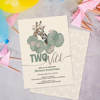 Zwei wilde Niedliche Giraffe Tier 2. Geburtstag Pa Einladung