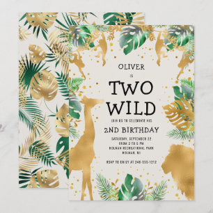 Zwei Wilde Safari Grün Gold Ecru 2. Geburtstag Einladung