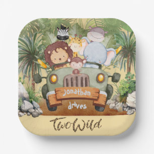 Zwei wilde Safari-Tiere fahren Auto 2. Geburtstag Pappteller