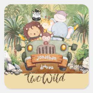 Zwei wilde Safari-Tiere fahren Auto 2. Geburtstag Quadratischer Aufkleber