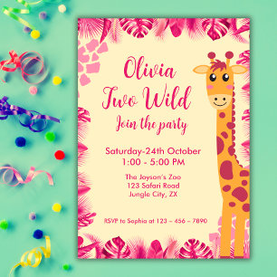 Zwei wilde Safari-Tiere Giraffen-Mädchen Rosa 2. Einladung