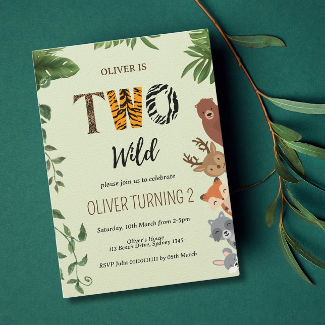 Zwei wilde Tierbriefe grünlich 2. Geburtstag Einladung (Von Creator hochgeladen)