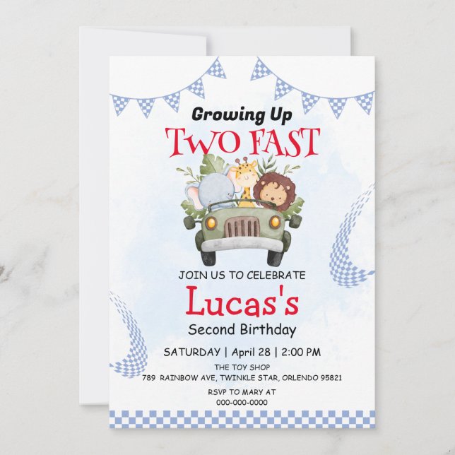 Zwei Wildjungrenwettwagen 2. Geburtstag Party Einladung (Vorderseite)