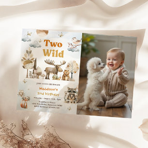 Zwei Wildtiere 2. Geburtstag Party Foto Einladung