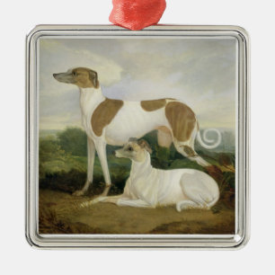 Zwei Windhunde in einer Landschaft (Öl auf Silbernes Ornament