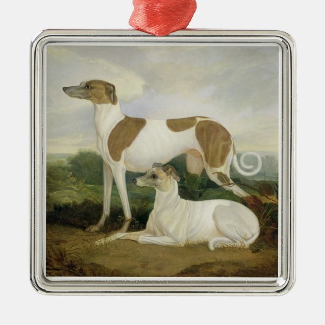Zwei Windhunde in einer Landschaft (Öl auf Silbernes Ornament (Vorne)
