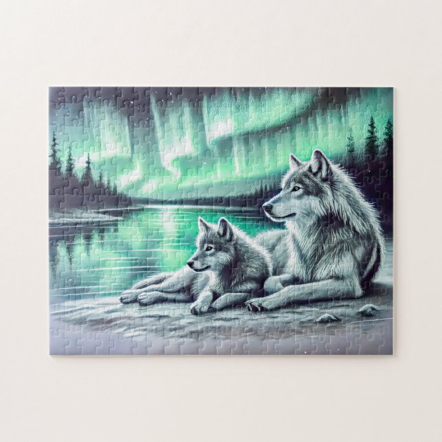 Zwei Wölfe an der Wasserkante mit Nordlicht Puzzle (Horizontal)