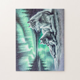 Zwei Wölfe an der Wasserkante mit Nordlicht Puzzle