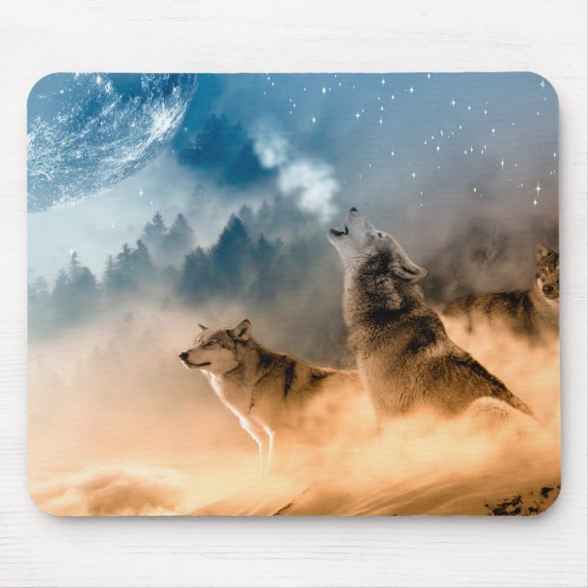 Zwei Wölfe heulen auf Vollmond im Wald Mousepad (Vorne)