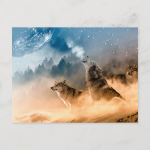 Zwei Wölfe heulen auf Vollmond im Wald Postkarte