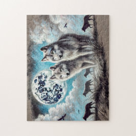 Zwei Wölfe im Mondlicht mit Pack Puzzle