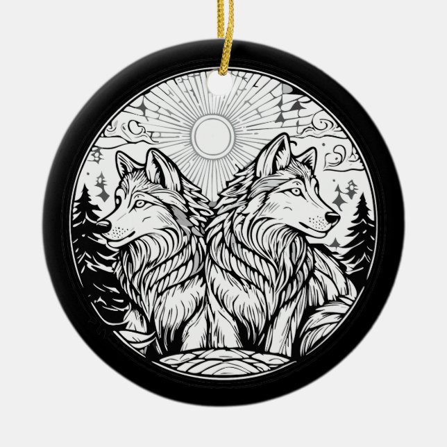 Zwei Wölfe Keramik Ornament (Vorne)