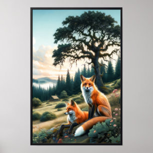 Zwei wunderschöne rote Füchse im Wasser ruhen Poster