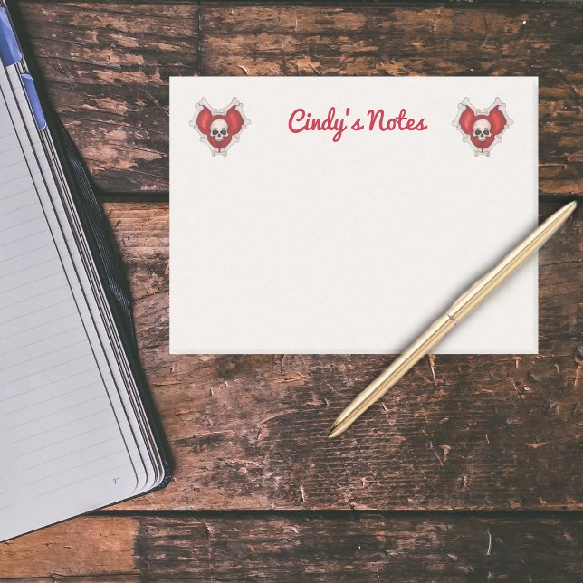 Zwei wunderschöne rote Herzen mit weißen Knochen u Post-it Klebezettel (Gothic red hearts bordered with bones with skull in center on white post it notes.)