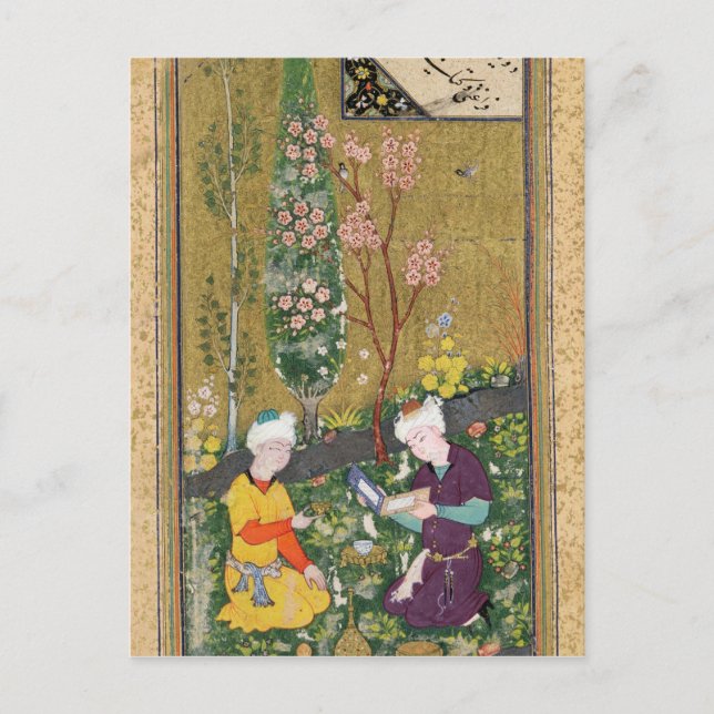 Zwei Zahlen, die in einem Obstgarten lesen und Postkarte (Vorderseite)