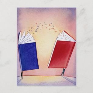 zwei Zahlen mit Büchern über Kopf; Symbole; Postkarte
