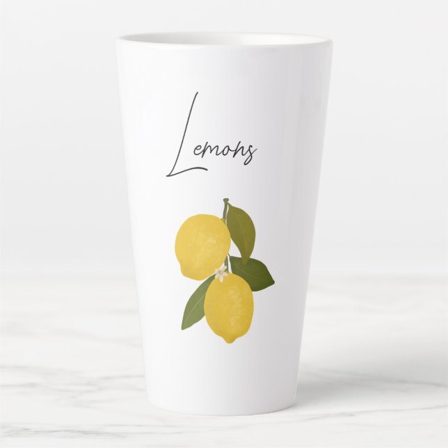 Zwei Zitronen mit grünen Blättern | Frische Zitrus Milchtasse (Vorderseite)