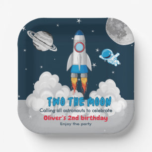Zwei zum Mond Junge Weltraumrakete 2. Geburtstag Pappteller