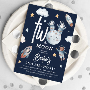 Zwei zum Mond Süße Weltraumtiere 2. Geburtstag Einladung