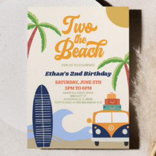 Zwei zum Strand Surfen Blau Retro 2. Geburtstagsfe Einladung