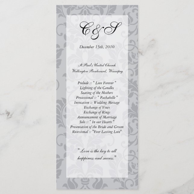 Zweifarbige Gray Damask Hochzeitsprogramme Programm (Vorderseite)