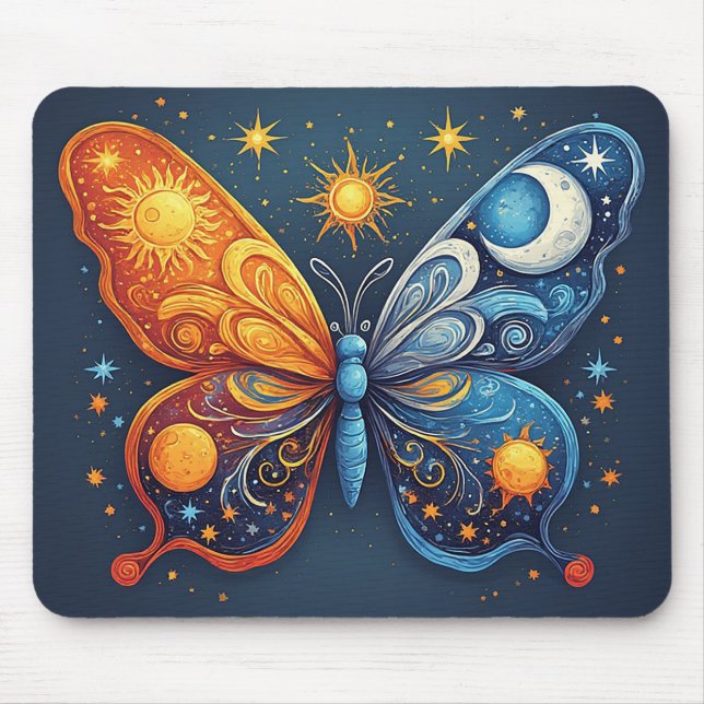 Zweifarbiger Schmetterling über strahlender Sonne Mousepad (Vorne)