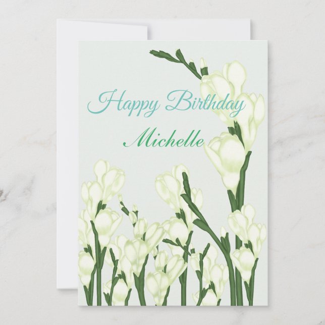 Zweig von weißem Freesia. Feiertagskarte (Vorderseite)