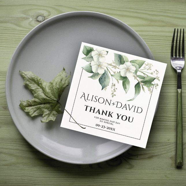 Zweig, weiße Blume Grün Typografie Hochzeit Serviette (Von Creator hochgeladen)