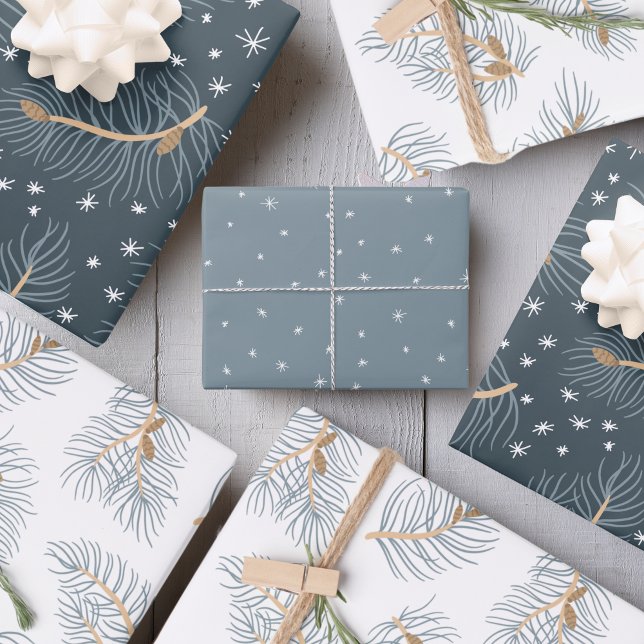 Zweige mit Schneeflocken | Geschenkpapier Set (Fir Branches with snowflakes, grey and white, elegant, wrapping paper )
