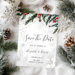 Zweige Rote Berries Schneeflocken Save the Date