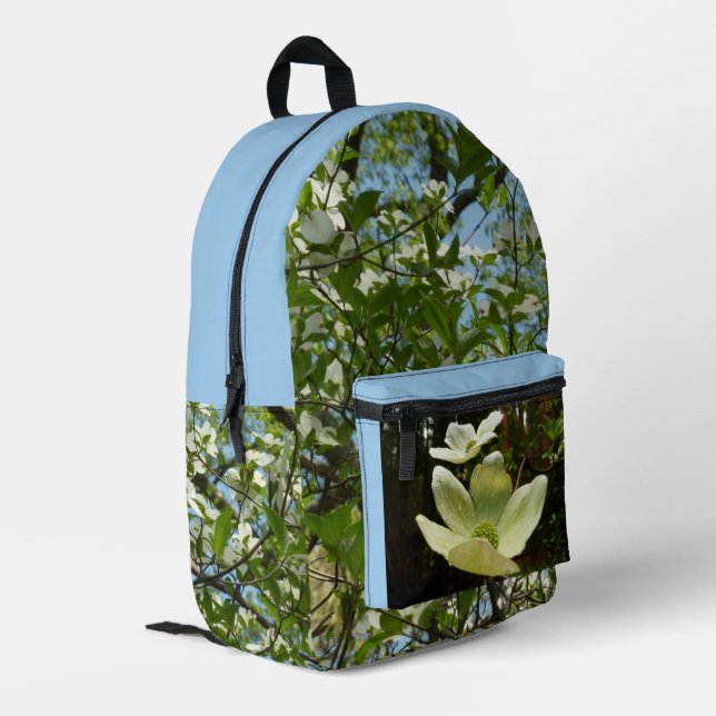 Zweige von Dogwood-Blüten Frühlingsbäume Bedruckter Rucksack (Rückseitige Ecke links)